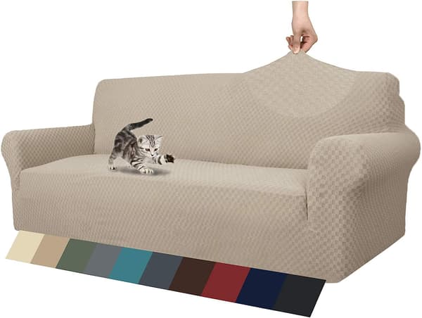 2-sits khaki superstretch jacquard sofföverdrag, halkfri, fo