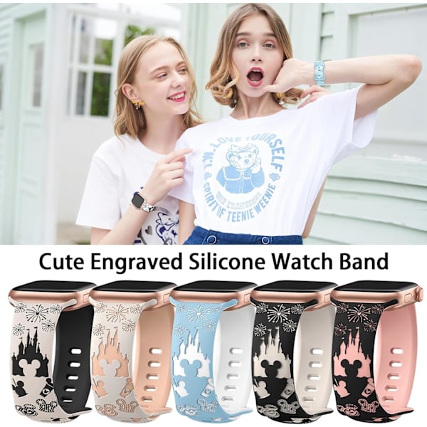 Cartoon Graverad Armband Kompatibel med Apple Watch Band 40mm 38mm 44mm 45mm 41mm 42mm 49mm Kvinnor, Tvåfärgad Söt Mjuk Sil