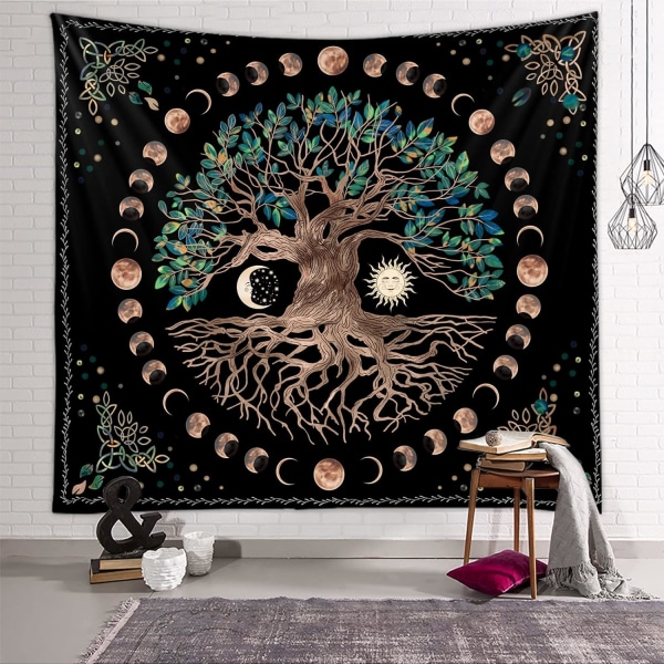 Tree of Life Wall Tapestry Moon Sun Black Psykedeelinen seinäteippi