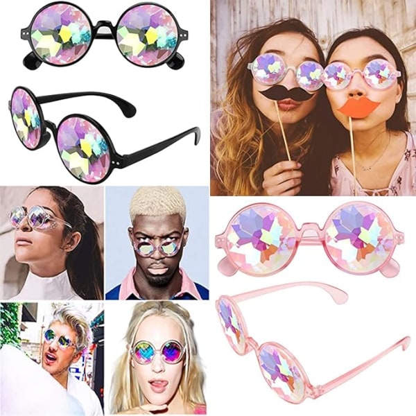 2 stk Rainbow Kaleidoscope-solbriller (svart, rosa), Rave Festival-festbriller