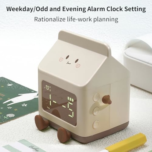 Barnalarmklocka, Söt Mjölkformad Design med Vecka, Ström, Sängbordsklocka, Timerdisplay, Bästa Presenten till Barn
