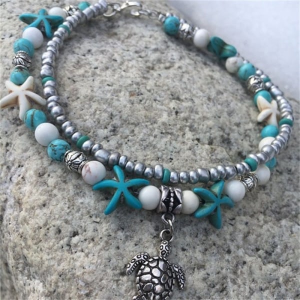 Seashell Anklet Starfish Turquoise Anklet Armband Silver Fotkedja Smycken för Kvinnor och