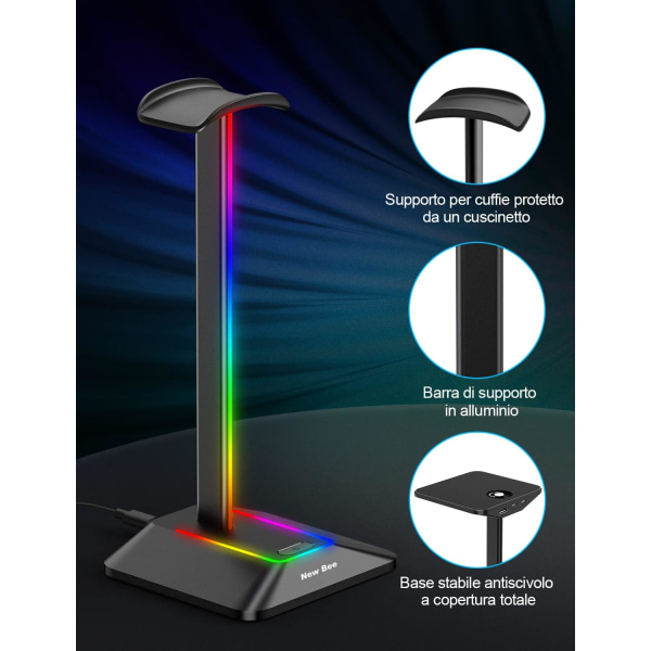 RGB-hodetelefonstativ, spillhodesettstativ, LED-tilbehørsstativ med 7 lysmoduser, sklisikker gummi