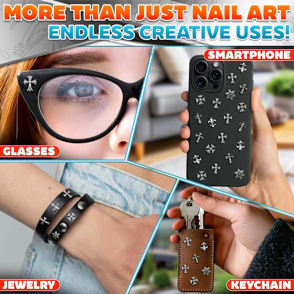 100 st Kors Nagelberlocker och Ädelstenar - Nagelberlocker med Kors för Nageldesign Silver Nagelberlocker Y2k Nagelstenar för Naglar 3d Na