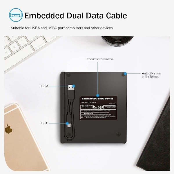 Ulkoinen CD/DVD-lukija ja -poltin, USB 3.0 ja Type-C, SD/TF-korttipaikalla ja 2 USB-portilla, 5 in 1, W-käyttöjärjestelmälle