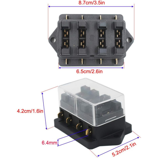 32V 40A 4-vägs standard säkringsdosa, vattentät 6,3 mm säkringsdoshållare, med 10 st lösa bladsäkringar (3A 5
