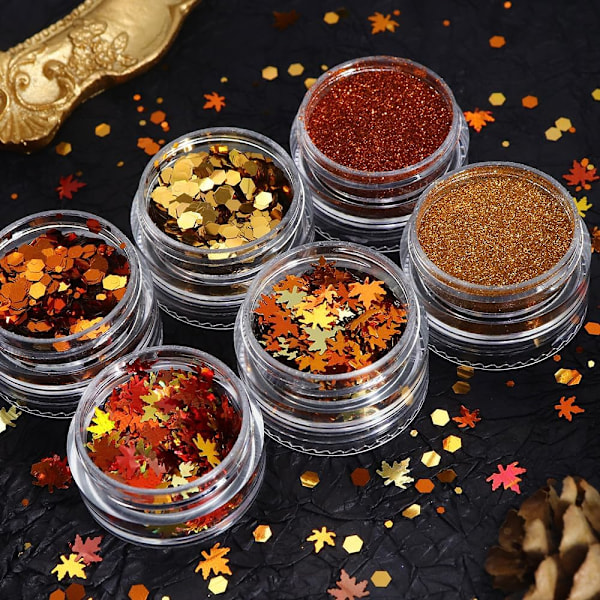 Gyllene Höst Nagelkonst Glitter Lönnlöv Nagel Sekvenser, Höstlöv Nagel Dekoration Tillbehör 3D Lönnlöv Naglar
