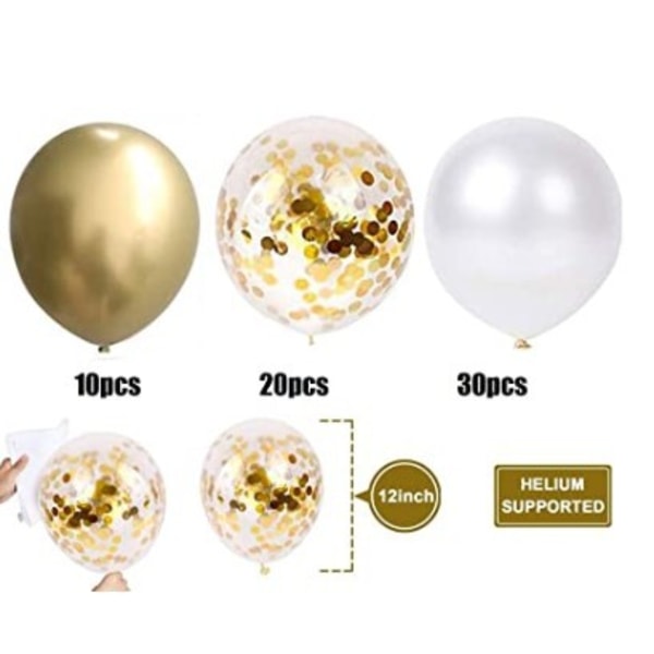 Gullballonger, 60 stykker konfetti Gullheliumballonger, hvit