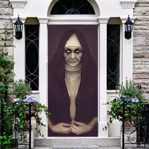 Halloween 3D Nonne Dørklistermærker, 30 x 80 tommer Grusom Spøgelsesnonne Halloween Dør Tapet Dekoration