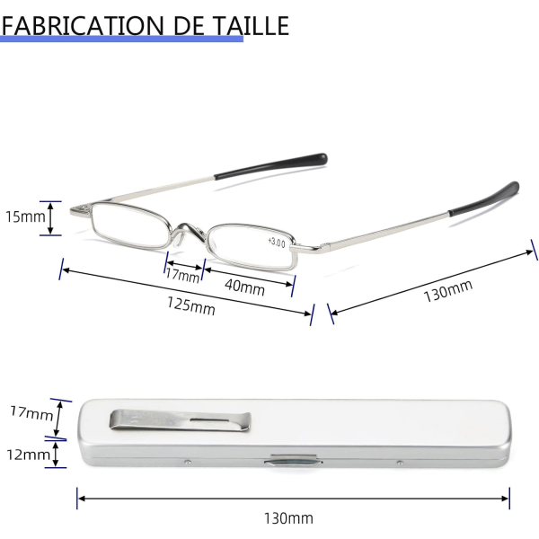 (hopea, +2.0) Mini Metal Reading Glasses, Pienet ja kannettavat jousi saranat lukulasit, Ohut alumiini