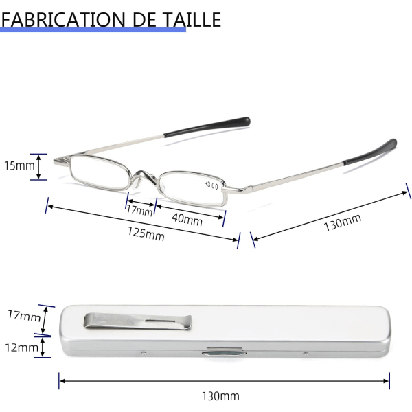 (sølv, +2.0) Mini metall lesebriller, små og bærbare fjærhengslede lesebriller, tynn aluminium