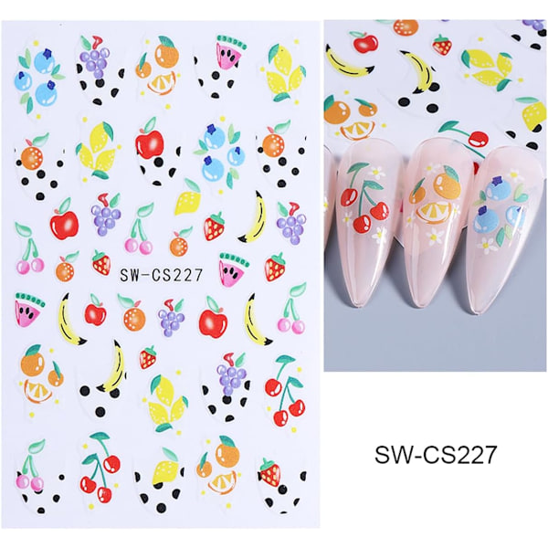 5 Ark Frukt Nagelstickers för Nagelkonst - 3D Självhäftande Nagelkonst Stickers Citron Jordgubbe Blåbärsdesign Blommor Nageldekaler Manikyr Tillbehör