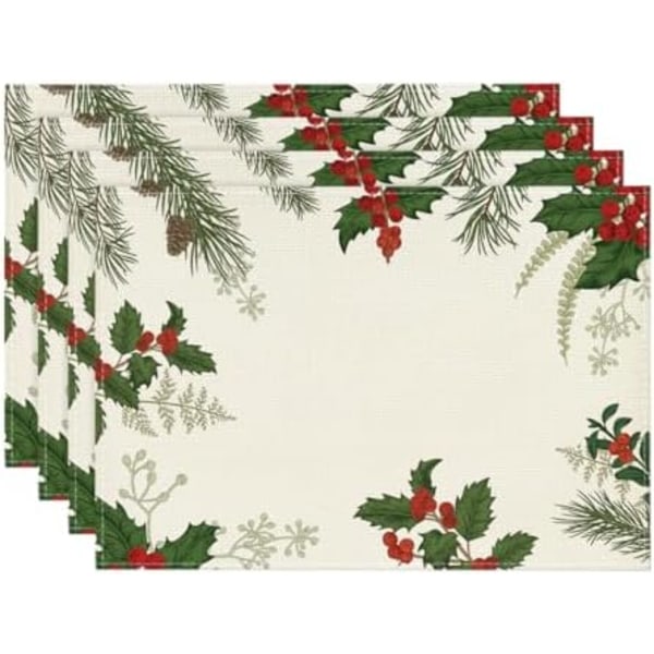 30x45cm Sæt af 4 Juleduge med Holly Pine Cone - Sæsonbestemt Vinterbordsmåtter til Fest Køkken Spisestue Dekoration