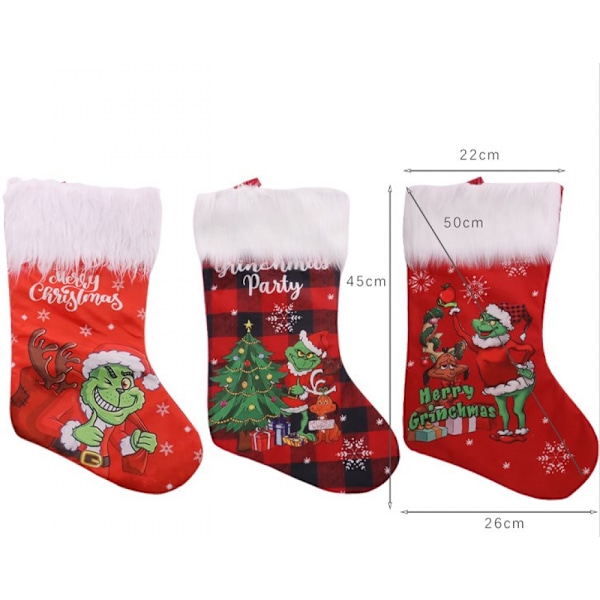Grinch julstrumpor set om 4, rolig julklappspåse, julspisdekoration för barn,