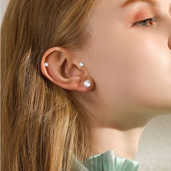 6 par Cubic Zirconia ørestikker 316L rustfrit stål Hypoall