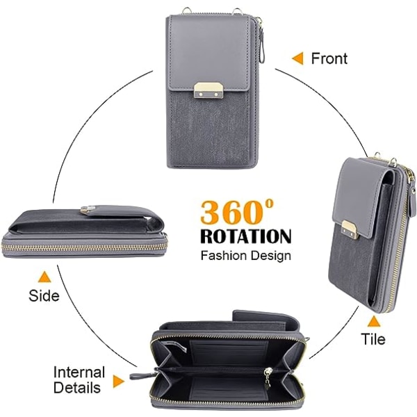 Grå PU Dam Mini Mobiltelefon Väska, Mini Läder Crossbody