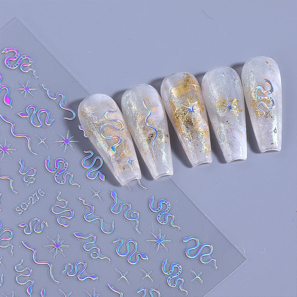 Orm Nagelsticker för Nagelkonst 3D Självhäftande Svart Silver Guld Laser Orm Stjärna Nageldekaler Stjärndesign Nagelkonst Stickers Berlocker för Kvinnor och G