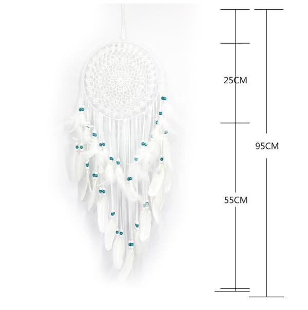 Stor Boho Drömfångare Vit Fjäder och Blå Pärlor Macrame Vägg