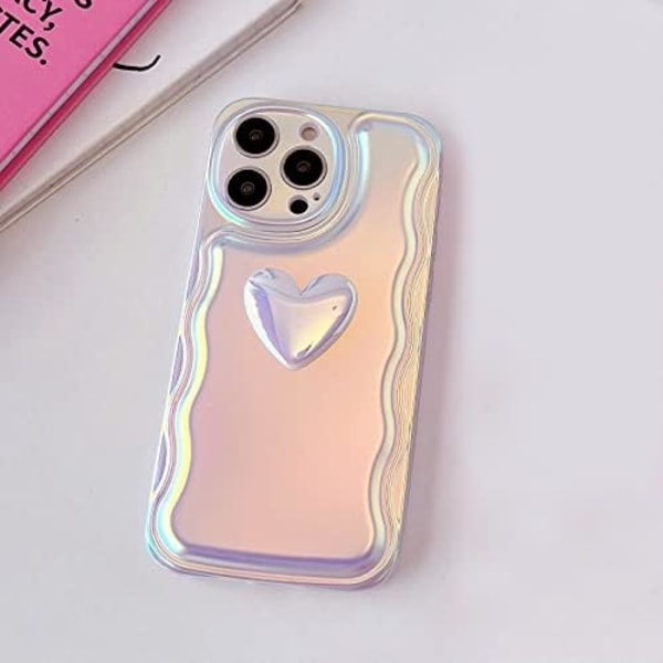 iPhone 15 Pro Max Skal 6,7 tum, Söt 3D Hjärta Vågram Soft TPU Glitter Bling Laser Färg Ljus