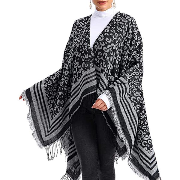 Dame Varm Sjal Wrap Åpen Front Poncho Cape Fargeblokk Sjal