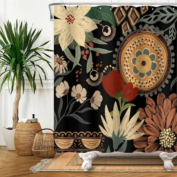 180Lx180Hcm Boho Bruseforhæng, Blomster Bruseforhæng Boheme Løv Mønster Badeforhæng Anti-Mo