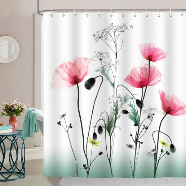 Bruseforhæng Valmuer Rød Blomst 180 x 200 cm Badeforhæng Polye