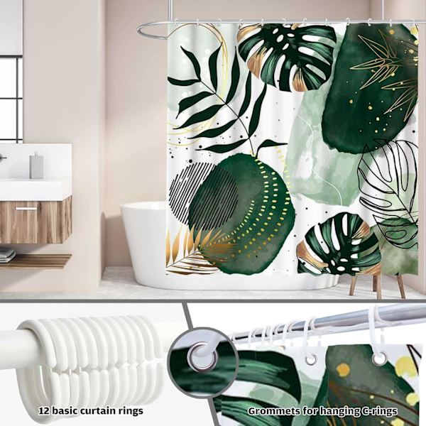 Grön Chic Abstrakt Duschdraperi Set med Krokar Boho Blad Tropisk Vattenfärg Enkel Minimalistisk Elegant Modern Badrum