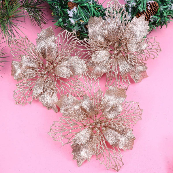 12 stk Glitrende Juleblomst Ornamenter Juletrepynt