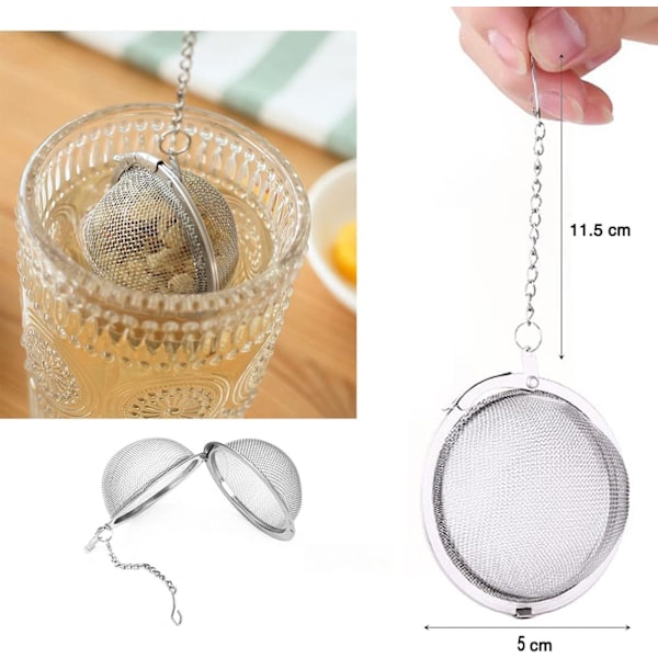Set med 2 teinfusionsbollar i rostfritt stål 5 cm, tesil med förlängd kedjekrok och extra fint nät för bryggning av löst te, kryddor och smaksättningar