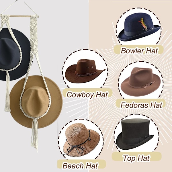 Boho Hat Hangers Veggmontert Kan Hat Organizer Holder Cap Display Oppbevaringsstativ Makrame Hat Henger Bo