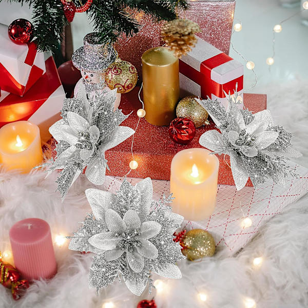10 stk. kunstige poinsettia-blomster til juledekoration
