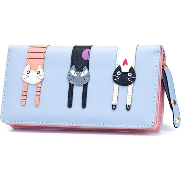 Mini Falskt Läder Bifold Söt 3 Katter Blixtlås Clutch Väska Underbar Lång Söt Katt Plånbok Handväska för Blue