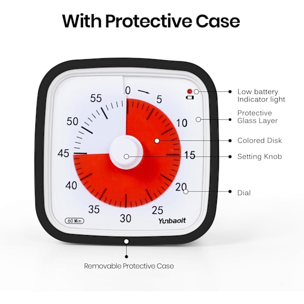 Pieces Visuel Timer (Sort) med Beskyttelsesetui, Opgraderet 60 Minutters Nedtællingstimer til Børn og Voksne med Påmindelse om Lavt Batteriniveau, Stille Tidsstyring