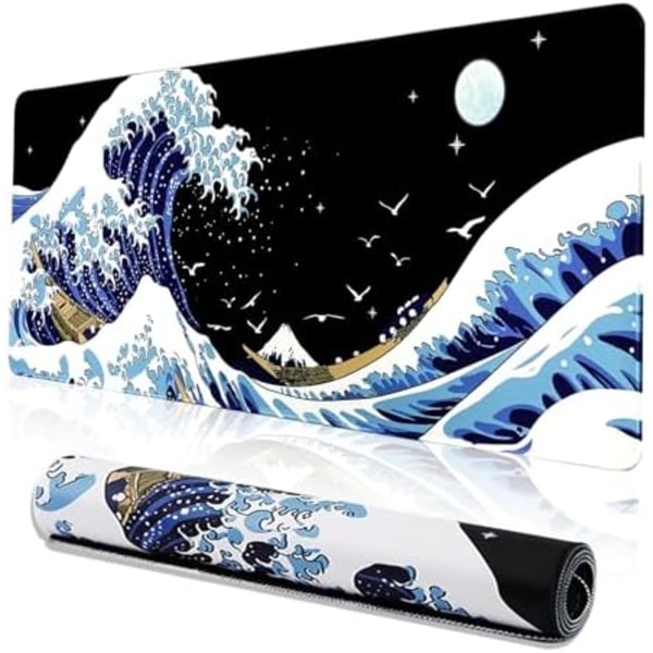 Gaming Mousepad til skrivebord, Stor bølgeformet Mousepad til Laptop, Sort Japansk Anime Mouse Mat, Lang XXL Vandafvisende Tastaturpads, Bi