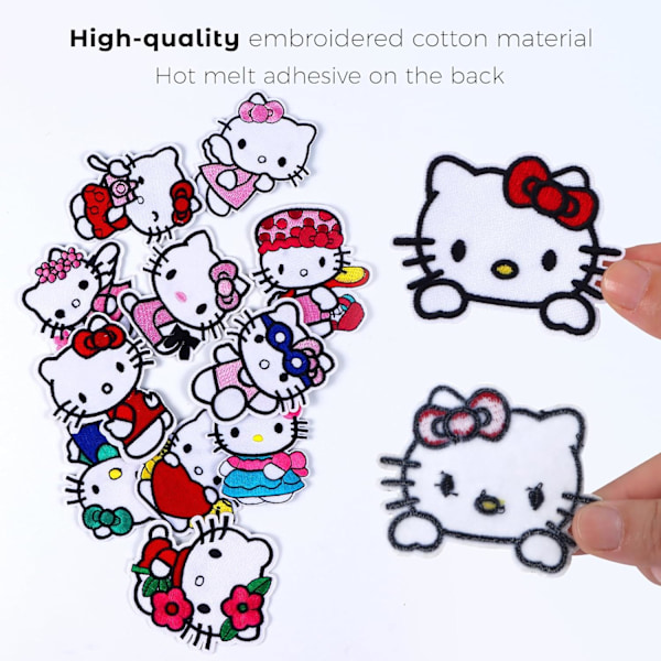 12 st Söta Cartoon Katt Stryk-På-Lapp, Broderade Applikationslappar Stryk-På/Sy-På för Kläder, Hattar, Ryggsäckar