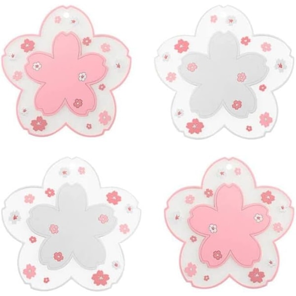 Sakura Coasters Sett med 4 Kawaii Kopper Matte Anti-Skli Pot Skål Pute Placemats PVC Kirsebærblomst Coaster for Drikke Kaffe Ta