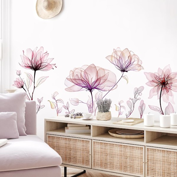 Abstrakte Blomster Vægmærker Transparent Vandfarve Lotus Vægmærke Aftageligt Vægmærke til Stue Soveværelse Off