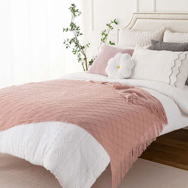 Blush Kastanjetæppe med Kvaster, Pink Strikket Tæppe til Hjemmeindretning, Boho Stil Struktureret Strikket Dekorativt Tæppe til C