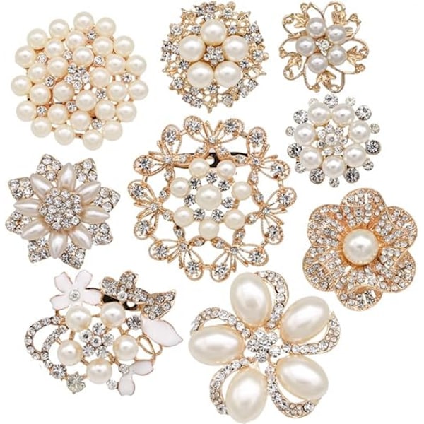 9 Pcs Rose Gold-Tone Rhinestone brooches, Big Pearl Crystal Wedding Bouquet kit Set