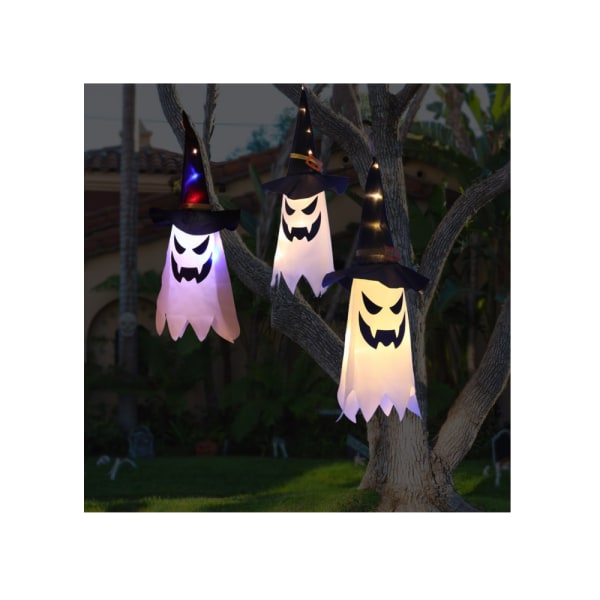 Halloween LED-lykt Magikerhatt Spøkelse Hengende Lampe Spøkelsesansikt Strengelys，A