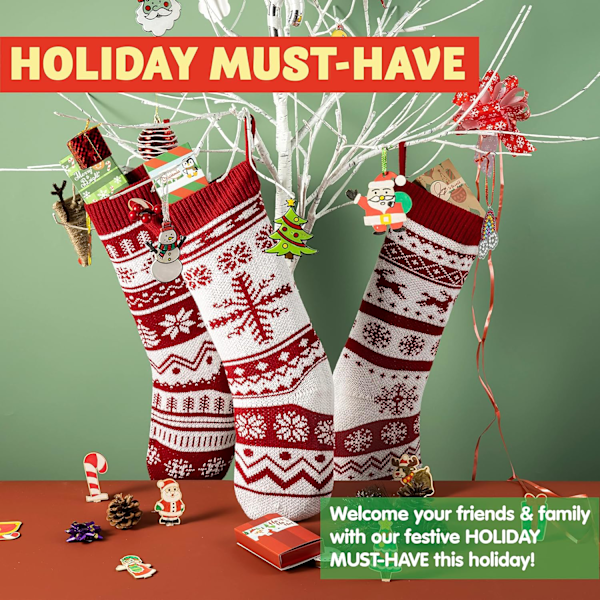 3-pack 18 tum Knittade Julstrumpor, Stora Rustika Garn Julstrumpor för Familjens Semesterdekorationer