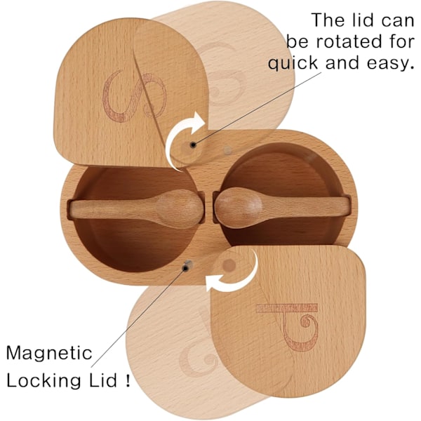 Sett med 2 separate tre-saltbokser med magnetisk sving - 2-roms tre-krydderkjeller - 255,1gx 2 elegante tre