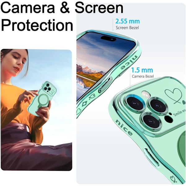 iPhone 15 Pro Max -kotelo magneettisella telineellä, ylellinen galvanoitu aaltoileva kehys ja söpö sydänkuvio, kameran reunat koholla
