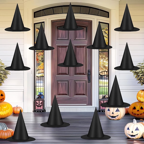 12 kpl Halloween-noittien hattuja, mustat riippuva noittien hatut, noitapuvun tarvikkeet noittien hatut 100 metriä narua