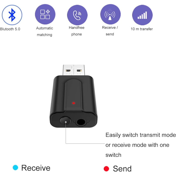 Bluetooth 5.0-adapter 3-i-1 USB trådløs sender og mottaker