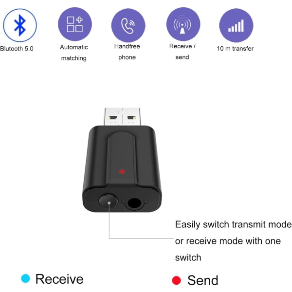 Bluetooth 5.0 -sovitin 3-in-1 USB langaton lähetin ja vastaanotto
