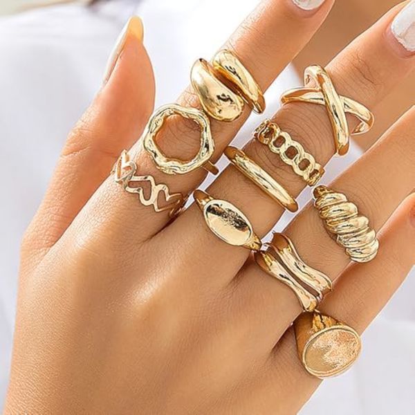Tykke Guld Knogle Ringe Overdrevne Geometriske Kuppel Led Ring Sæt Justerbar Tåreformet Hul Statement Åbne Ringe Smykke