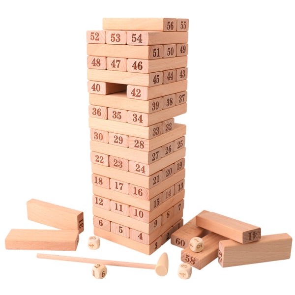 En låda med träklossar för Jenga-balansering, pedagogiska leksaker