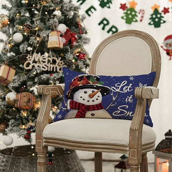 12 x 20 Tommer La det snø Snømann Jul Blå Putesett, Vinterferie Putetrekk Dekorasjon for Sofa