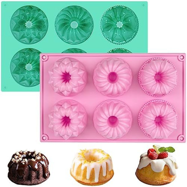 2 stk MiniKakeformer, 6-Hulls Riflet Rørkakeform, Ikke-klebende Silikon Bakeform for Cupcakes, Donuts, Maisbrød, Brun